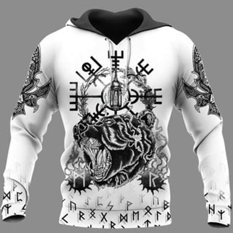 Vegvisir Bear Odinaven Viking All Over Print Hoodie Zip Hoodie Fleece Hoodie 3D, Love Hunting Hoodie Zip Hoodie 3D L592