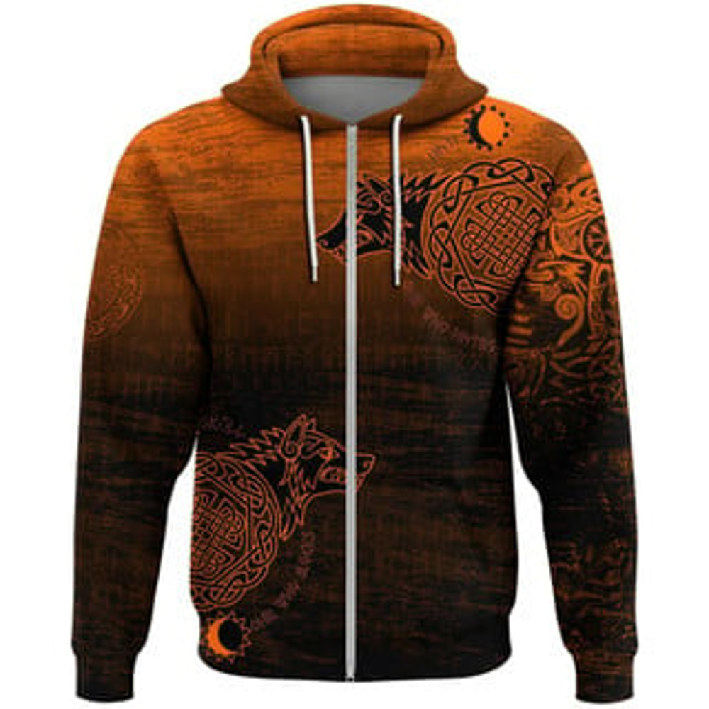 Skoll and Hati Orange Viking All Over Print Hoodie Zip Hoodie Fleece Hoodie 3D, Love Hunting Hoodie Zip Hoodie 3D L608