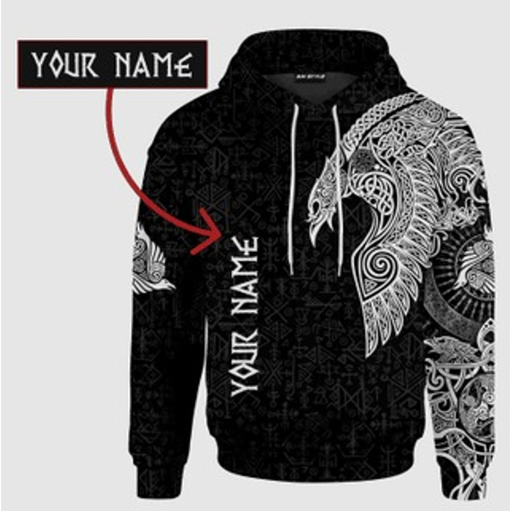 Vikingaven Tattoo Black Viking All Over Print Hoodie Zip Hoodie Fleece Hoodie 3D, Love Hunting Hoodie Zip Hoodie 3D L640
