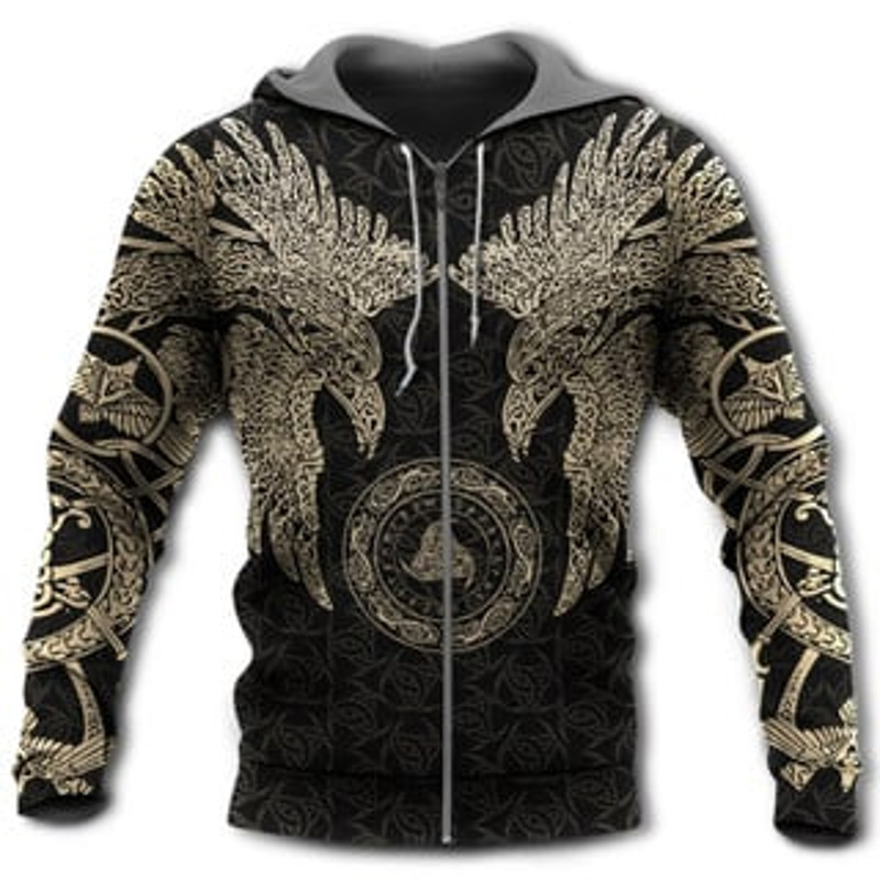 Munin Tattoo Cool Style Viking All Over Print Hoodie Zip Hoodie Fleece Hoodie 3D, Love Hunting Hoodie Zip Hoodie 3D L697