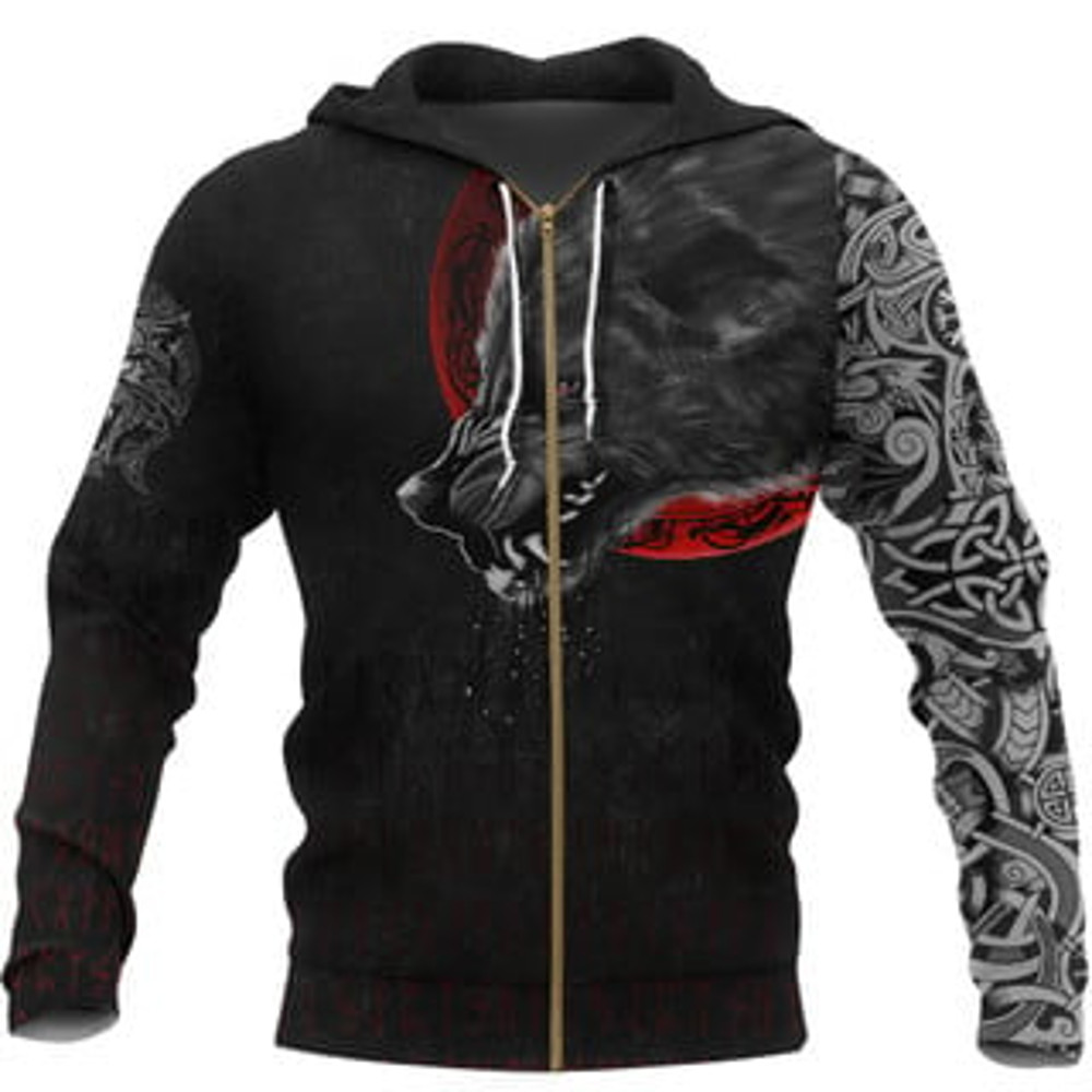Wolf and Blood Moon Viking All Over Print Hoodie Zip Hoodie Fleece Hoodie 3D, Love Hunting Hoodie Zip Hoodie 3D L749