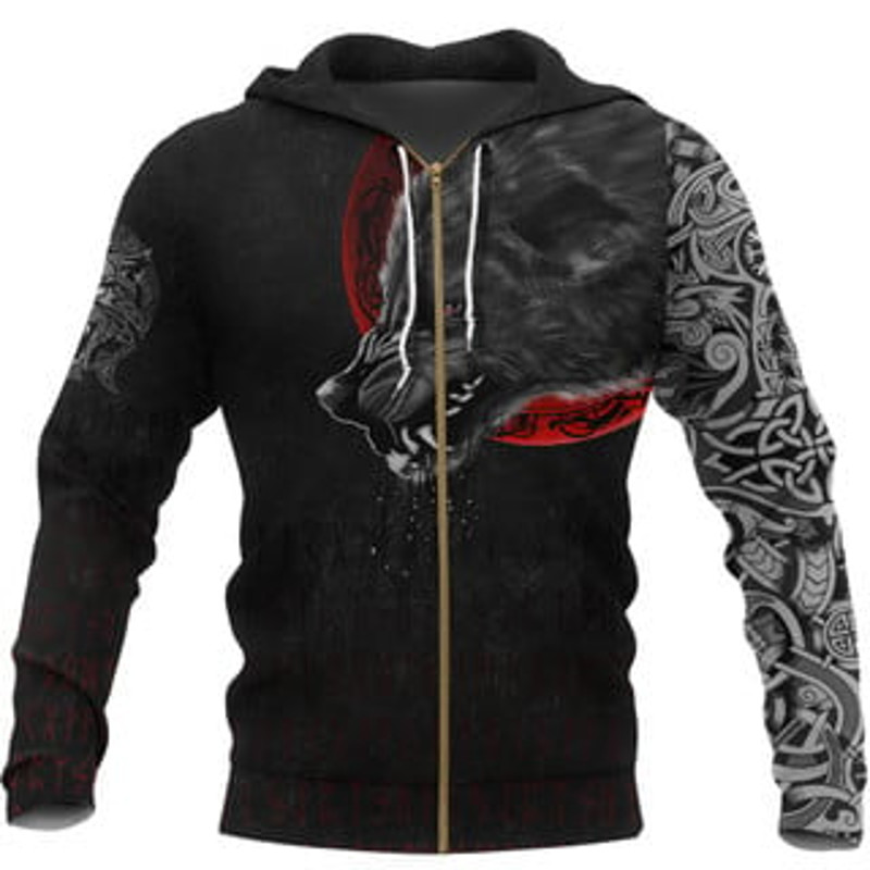 Wolf and Blood Moon Viking All Over Print Hoodie Zip Hoodie Fleece Hoodie 3D, Love Hunting Hoodie Zip Hoodie 3D L749