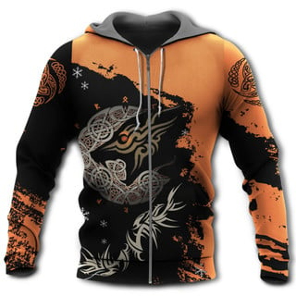 Wolf With An Orange Bla Viking All Over Print Hoodie Zip Hoodie Fleece Hoodie 3D, Love Hunting Hoodie Zip Hoodie 3D L783