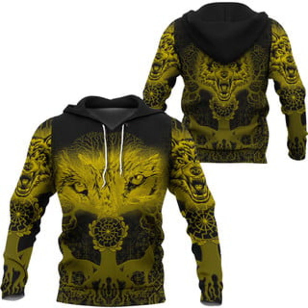 Wolf And Tree Gold Viking All Over Print Hoodie Zip Hoodie Fleece Hoodie 3D, Love Hunting Hoodie Zip Hoodie 3D L795