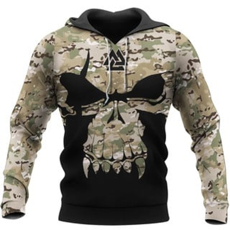Valknut Skull With Camo Viking All Over Print Hoodie Zip Hoodie Fleece Hoodie 3D, Love Hunting Hoodie Zip Hoodie 3D L805