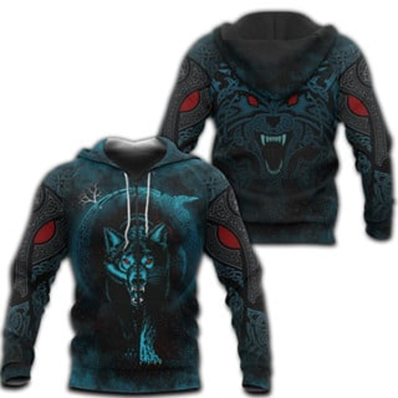 Moon Wolf Tattoo Viking All Over Print Hoodie Zip Hoodie Fleece Hoodie 3D, Love Hunting Hoodie Zip Hoodie 3D L814