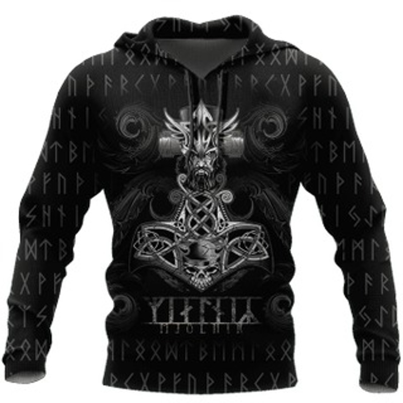 Mjolnir and Skull Viking All Over Print Hoodie Zip Hoodie Fleece Hoodie 3D, Love Hunting Hoodie Zip Hoodie 3D L895