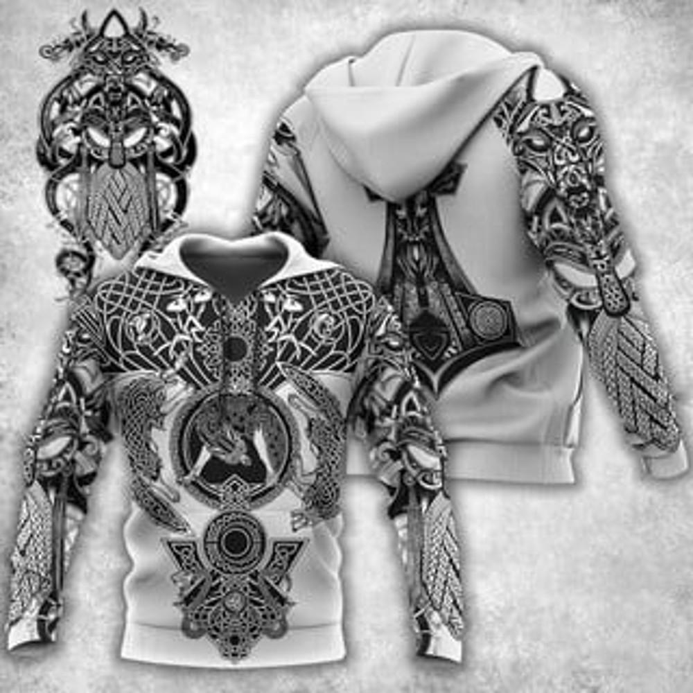 Black And White Odin Pa Viking All Over Print Hoodie Zip Hoodie Fleece Hoodie 3D, Love Hunting Hoodie Zip Hoodie 3D L995