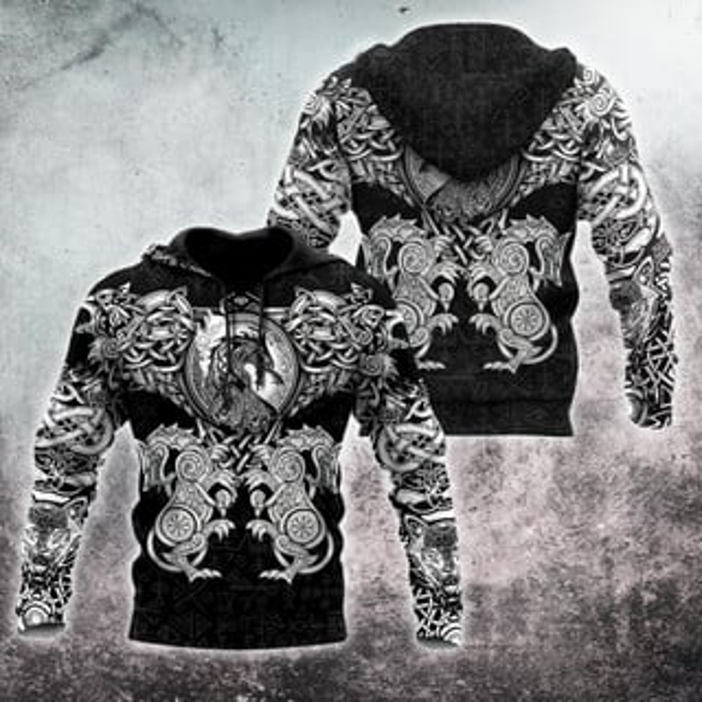 Wolf And Dragon All Ov Viking All Over Print Hoodie Zip Hoodie Fleece Hoodie 3D, Love Hunting Hoodie Zip Hoodie 3D L1083