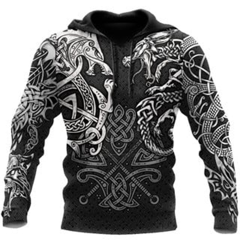 Wolf And Dragon Tattoo Viking All Over Print Hoodie Zip Hoodie Fleece Hoodie 3D, Love Hunting Hoodie Zip Hoodie 3D L1147