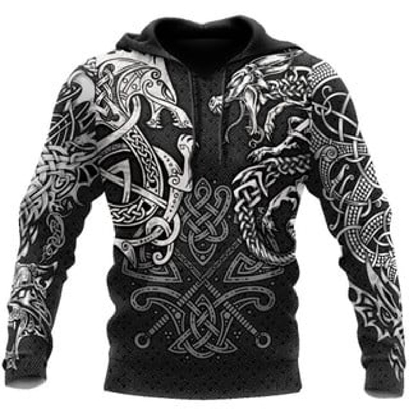 Wolf And Dragon Tattoo Viking All Over Print Hoodie Zip Hoodie Fleece Hoodie 3D, Love Hunting Hoodie Zip Hoodie 3D L1147