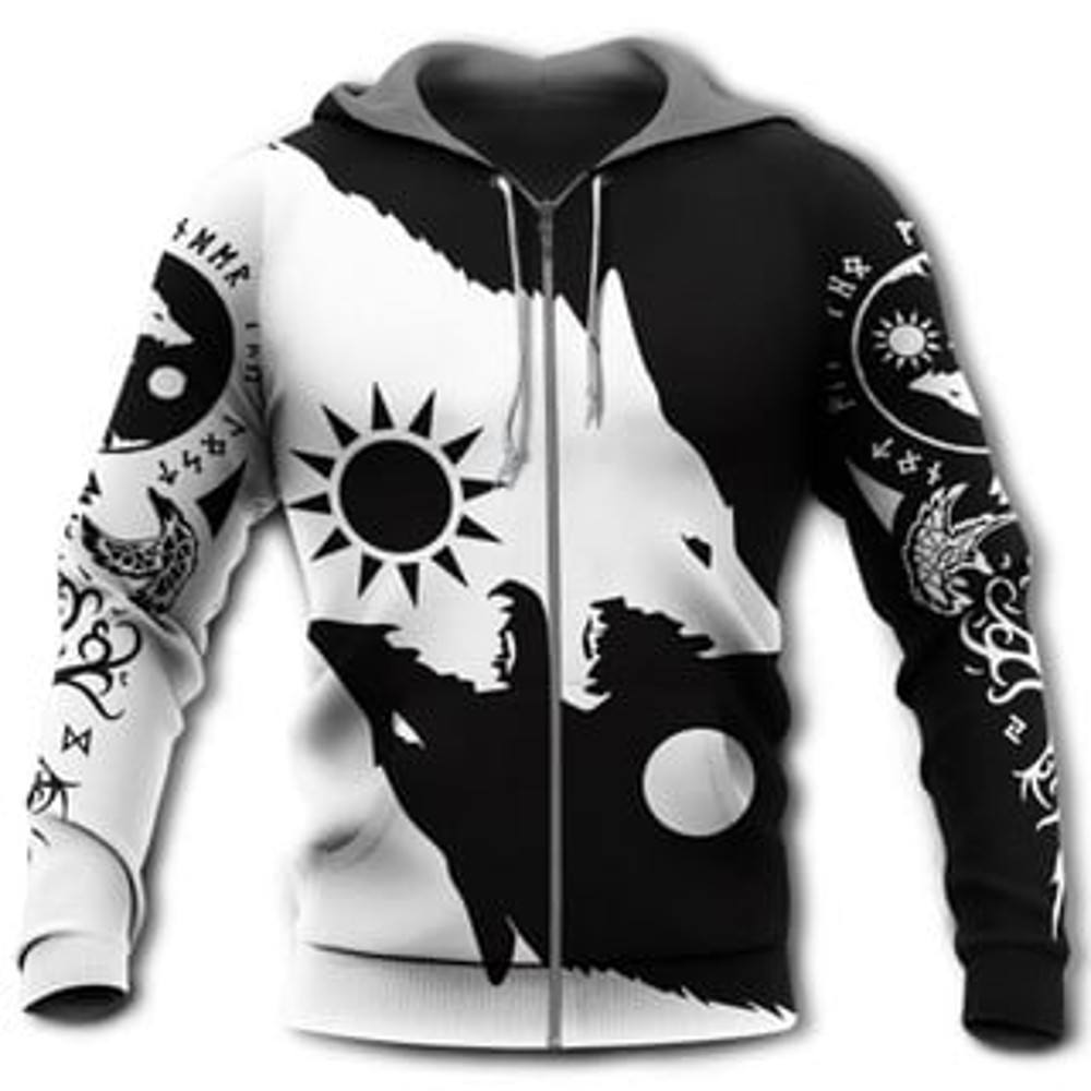 Wolf Loves Moon Black Viking All Over Print Hoodie Zip Hoodie Fleece Hoodie 3D, Love Hunting Hoodie Zip Hoodie 3D L1213