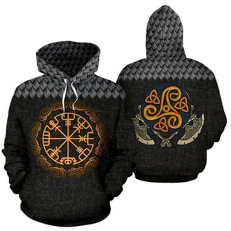 Black Vegvisir Warrior Viking All Over Print Hoodie Zip Hoodie Fleece Hoodie 3D, Love Hunting Hoodie Zip Hoodie 3D L1227