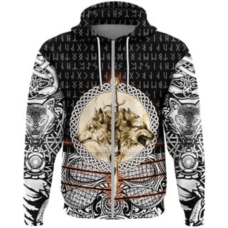 Wolf and Viking All Over Print Hoodie Zip Hoodie Fleece Hoodie 3D, Love Hunting Hoodie Zip Hoodie 3D L1257
