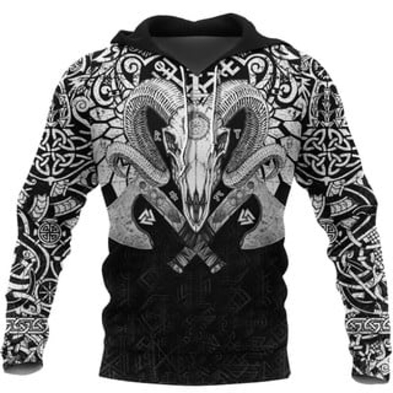 Ram Skull Tattoo With Viking All Over Print Hoodie Zip Hoodie Fleece Hoodie 3D, Love Hunting Hoodie Zip Hoodie 3D L1329