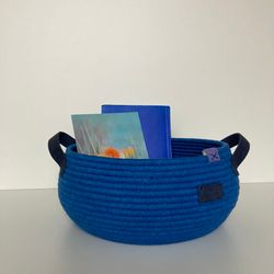 Blue basket with leather handles 4.5'' x 9.2''