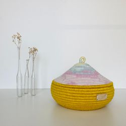 Yellow storage basket with lid 6'' x 8'' Jute basket
