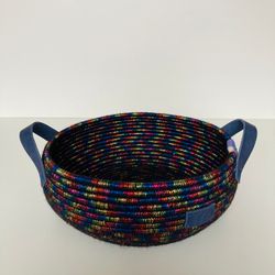 Multicolored basket with blue leather handles 4'' x 9.5''