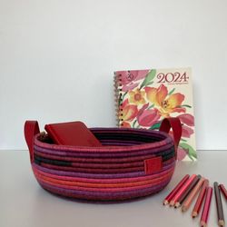 Raspberry basket with leather handles Rope basket 3.7'' x 10''