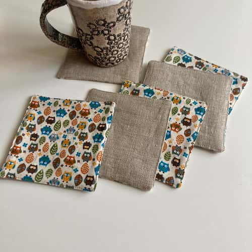 Owl coaster Set of 6 Linen-cotton coasters 4.5'' x 4.5''