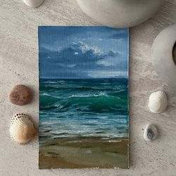 the original oil painting. "winter sea". a miniature. marine painting seascape. stormy ocean painting