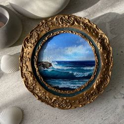 the original oil painting. "seascape in blue tones " oil painting. a miniature.