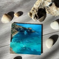 seascape in oil. a miniature. "cape lermontov. crimea". oil painting. mini oil painting