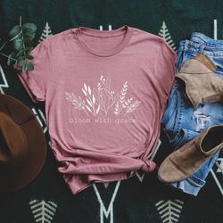 christian tee, bloom with grace, cute spring flowers blooming, christian grace design, premium unisex shirt, gift for he