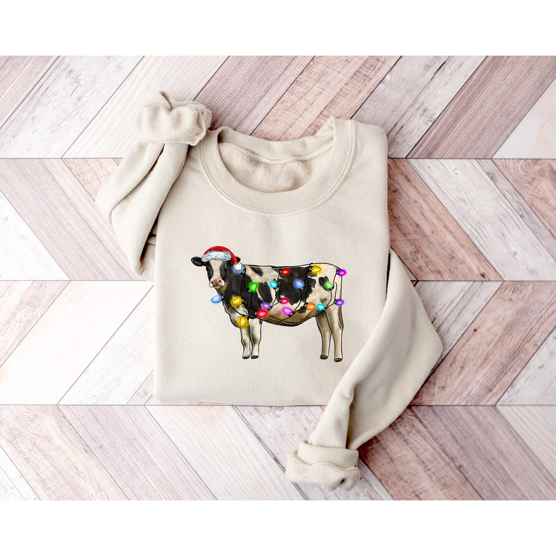 Christmas Cow Sweatshirt, Cow Lights Sweater, Cow Women Sweatshirt, Cow Lover Shirt, Christmas Sweatshirt, Highland Cow Crewneck, Farm Xmas.jpg