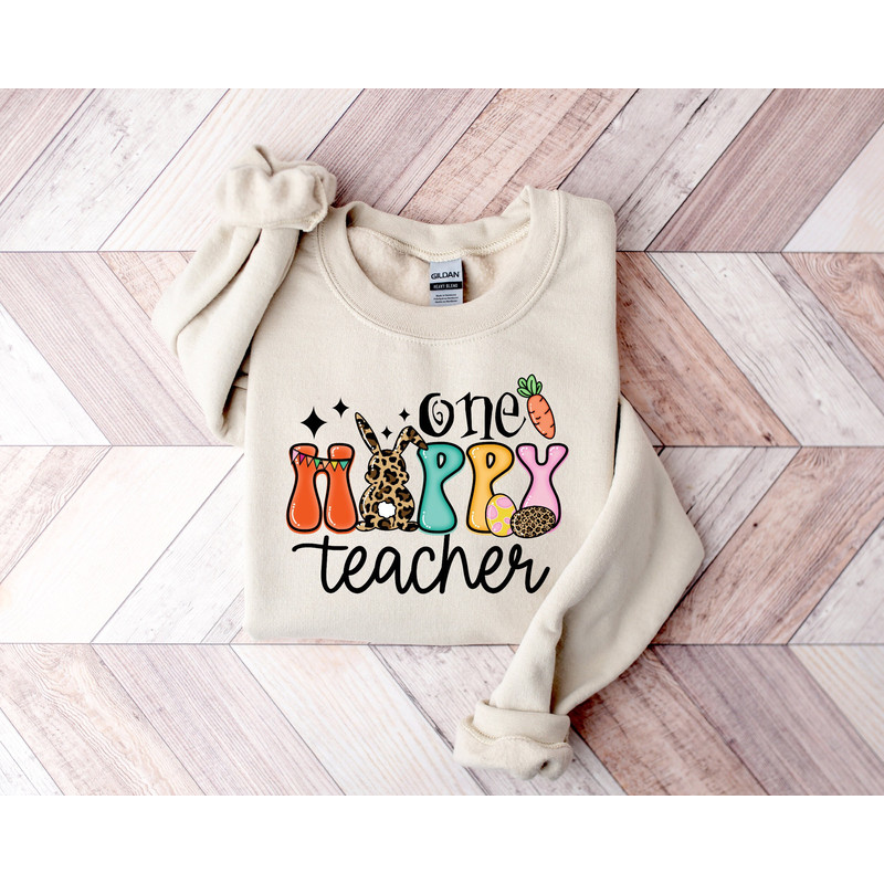 One Hoppy Teacher Sweatshirt, Teacher Easter Sweatshirt, Hip Hop Bunny Shirt, One Happy Teacher, Easter Shirt, Easter Gift, Teacher Gift.jpg