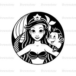 Princess Ariel and Flounder Fish Round Little Mermaid Logo SVG
