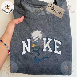 anime custom embroidered shirt, nike x kakashi embroidered shirt, custom anime embroidered crewneck, anime