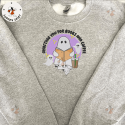 books and coffee ghost embroidery machine shirt, halloween spooky season embroidery shirt, book nerd ghost reading embro