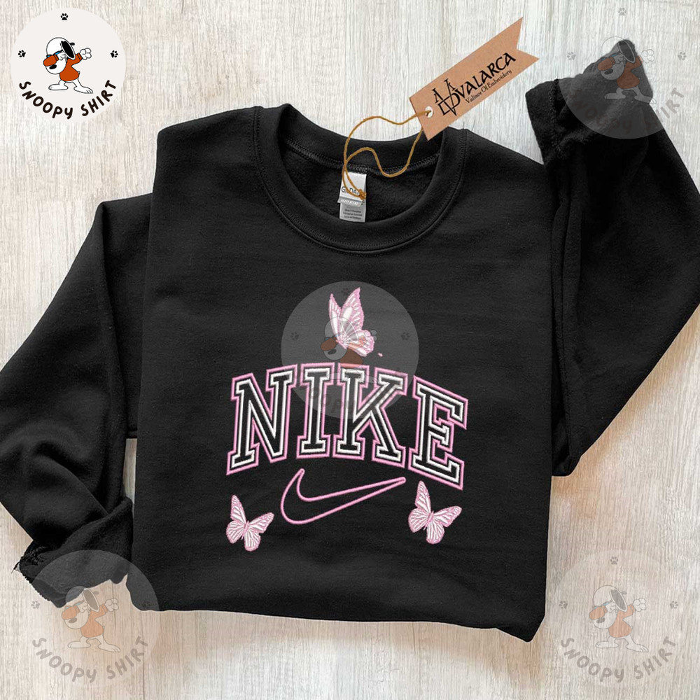 Pink Butterfly NIKE Brand Embroidered Sweatshirt, Brand Embroidered Crewneck, Custom Brand Embroidered Sweatshirt 1.jpg