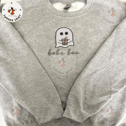 spooky halloween embroidery shirt, spooky coffee embroidery shirt, boba boo embroidery machine shirt, embroidery shirt
