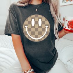 checkered pattern smiley face shirt, retro smile shirt, trendy smile face shirt, happy face graphic, lightning smiley sh