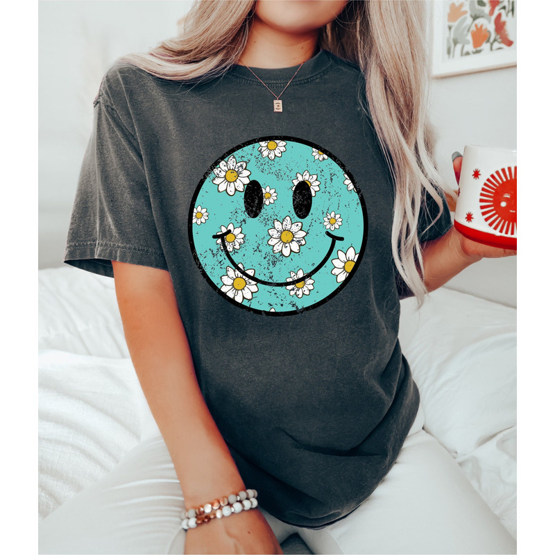 Daisy Flower Pattern Smiley Face Shirt, Retro Smile Shirt, Trendy Smile Face Shirt, Happy Face, Lightning Smiley Shirt, Comfort Colors 1.jpg