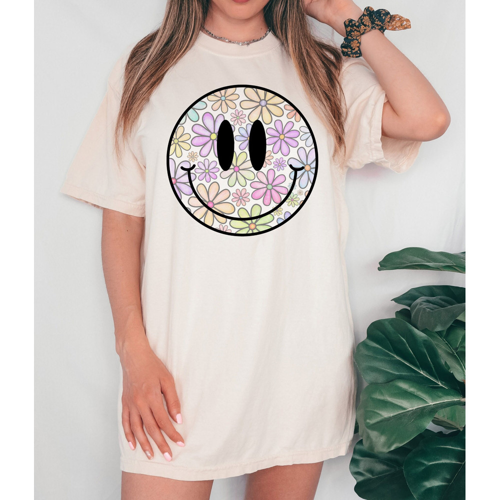 Daisy Flower Pattern Smiley Face Shirt, Retro Smile Shirt, Trendy Smile Face Shirt, Happy Face, Lightning Smiley Shirt, Comfort Colors.jpg