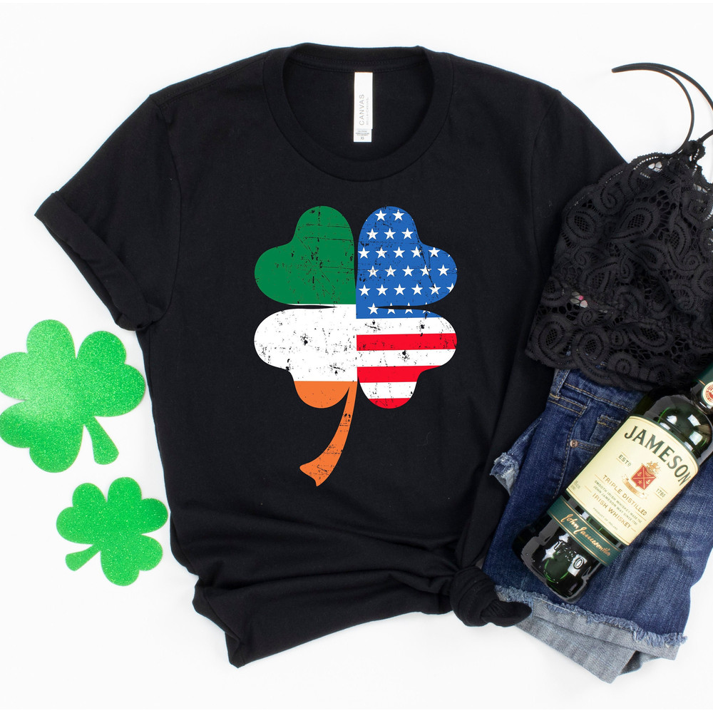 Irish American Flag Shirt, St Patricks Day Shirt, Lucky Shamrock Shirt, St Patty Day Women Outfit, Shamrock American Flag, Clover Flag.jpg
