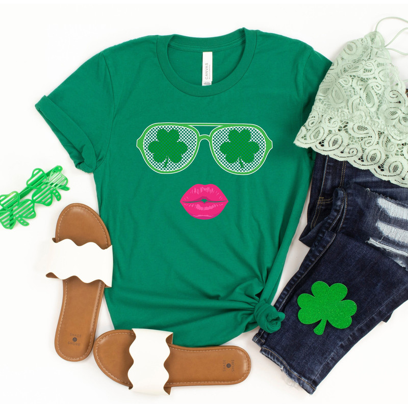 St Patricks Day Shirt, Irish Sunglasses And Lips, Womens St Pattys Shirt, Four Leaf Clover, Irish Day Outfit, Lucky Sweatshirt, Irish Gift.jpg