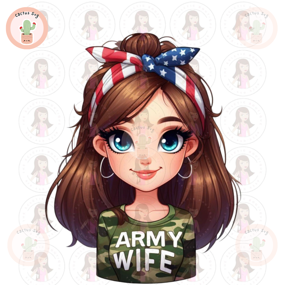 Cartoon Girl Army Wife Brown Hair Blue Eyes PNG Sublimation Digital Design Download DTF Print.jpg