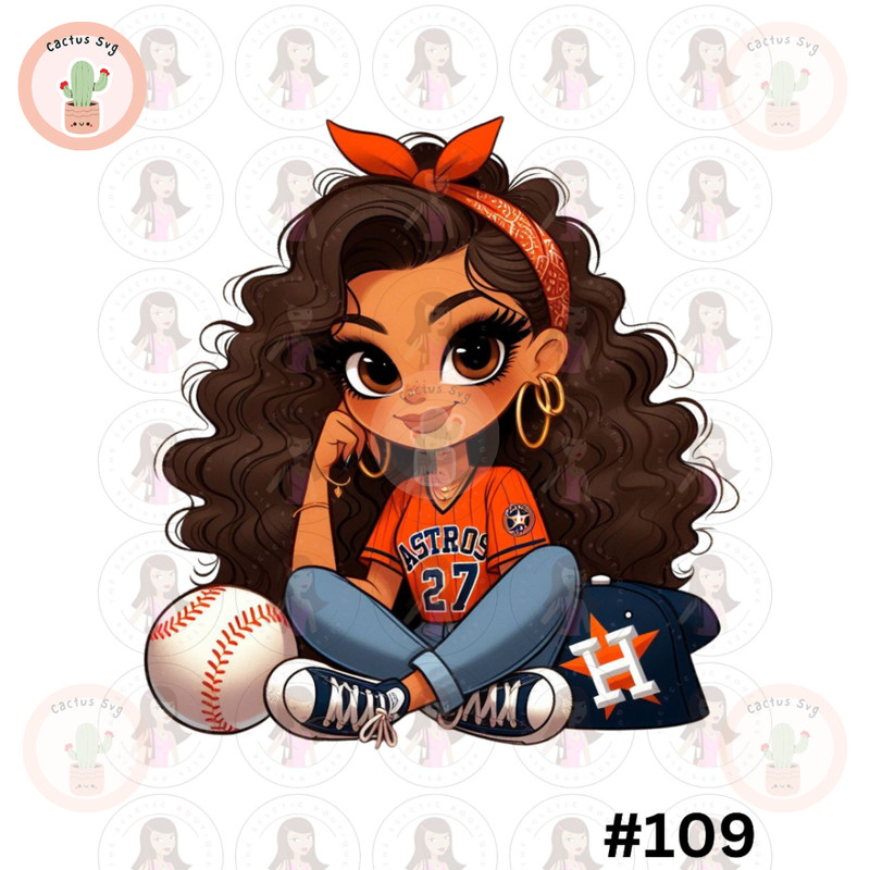 Cartoon Girl Baseball Fan Astros Brown Curly Hair Messy Bun Brown Eyes PNG Sublimation Digital Design Download DTF Print.jpg