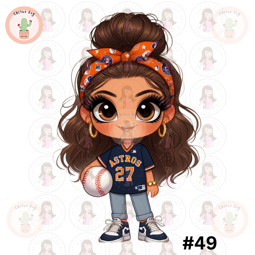 Cartoon Girl Baseball Fan Astros Brown Hair Brown Eyes Hazel Eyes PNG Sublimation Digital Design Download DTF Print.jpg