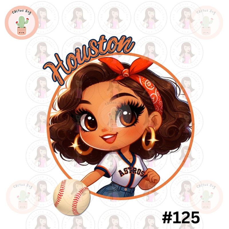 Cartoon Girl Baseball Fan Astros Messy Bun Brown Hair Brown Eyes Retro PNG Sublimation Digital Design Download DTF Print.jpg