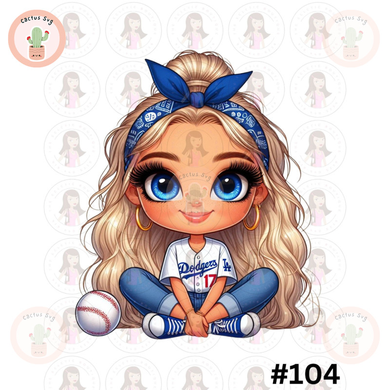 Cartoon Girl Baseball Fan Dodgers Blonde Hair Blue Eyes PNG Sublimation Digital Design Download DTF Print.jpg