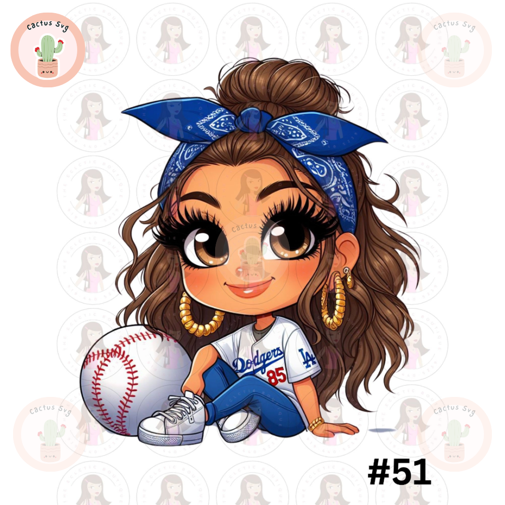 Cartoon Girl Baseball Fan Dodgers Brown Hair Brown Eyes Hazel Eyes PNG Sublimation Digital Design Download DTF Print.jpg