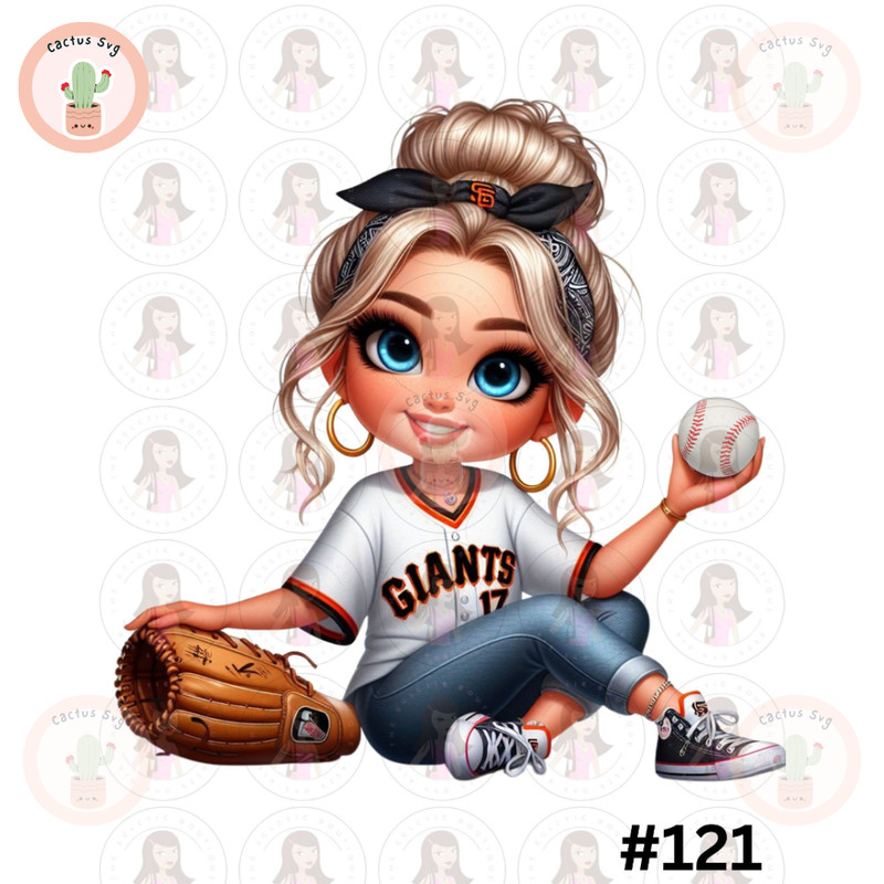 Cartoon Girl Baseball Fan Giants Messy Bun Blonde Hair Blue Eyes PNG Sublimation Digital Design Download DTF Print.jpg