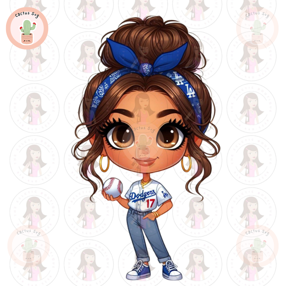Cartoon Girl Baseball Fan LA Dodgers Brown Hair Brown Eyes PNG Sublimation Digital Design Download DTF Print.jpg