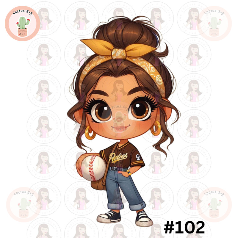 Cartoon Girl Baseball Fan Padres Brown Hair Brown Eyes PNG Sublimation Digital Design Download DTF Print.jpg