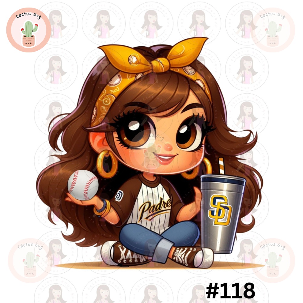 Cartoon Girl Baseball Fan Padres Brown Hair Brown Eyes Stanley Cup PNG Sublimation Digital Design Download DTF Print.jpg